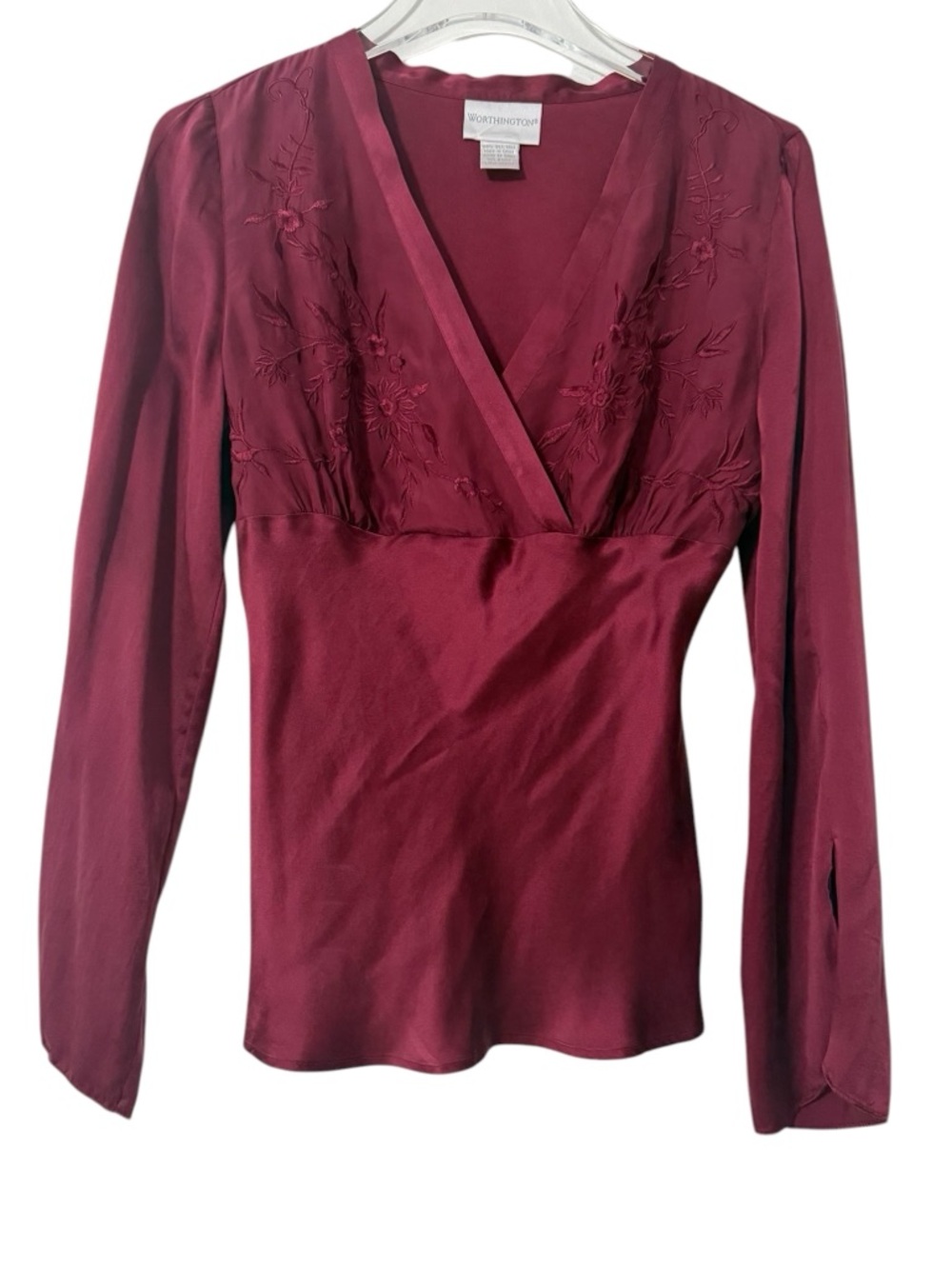 100% Silk Embroidered Burgundy V-Neck Long Sleeve Blouse Size Large